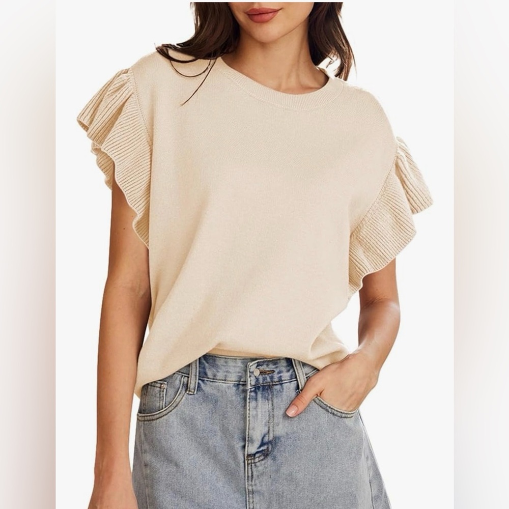 NEW Pink Queen Crew Neck Ruffle Edge Sleeves Knit Pullover Sweater Top M